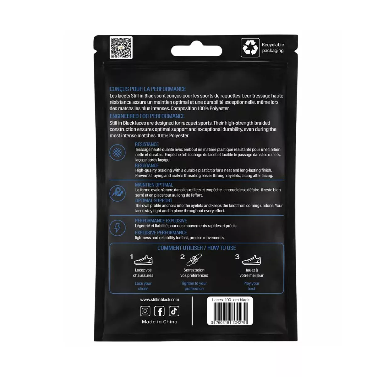 Still In Black 100cm White Laces